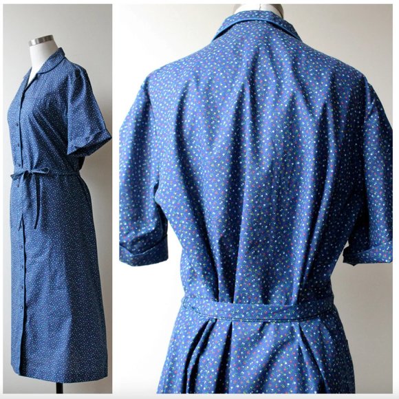 1970s Blue Multicolor Floral Print Short Sleeve Button Down Collar Shirt Dress - Picture 3 of 10